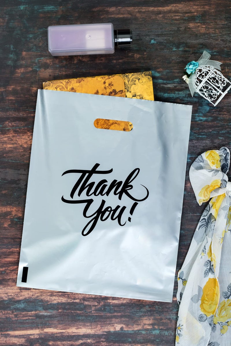Infinite Pack 100Pcs Thank You Merchandise Bags, Extra Thick 2.35Mil 12"x15" Silver Retail Plastic Shopping Bags for Small Business Stores Boutique Clothes, Reusable Gift Bags Plastic Bags with Handle - Image 5